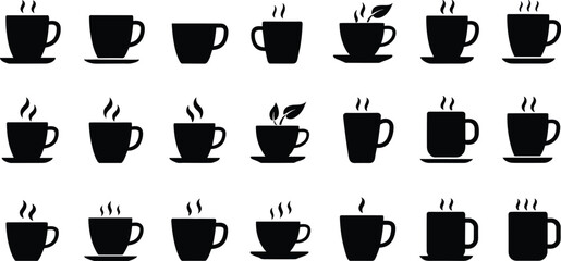 Coffee cup silhouette set, steaming mugs, tea icons, black vector cups, hot beverage symbols, minimal design, café graphic, drink illustration