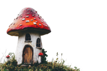 Whimsical mushroom house with red spotted cap isolated on transparent background. Mushroom house isolated on white background.