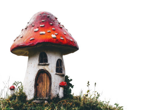 Whimsical mushroom house with red spotted cap isolated on transparent background. Mushroom house isolated on white background.