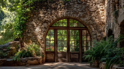 Obraz premium Stone archway with wooden doors and glass panels surrounded by lush greenery and natural light