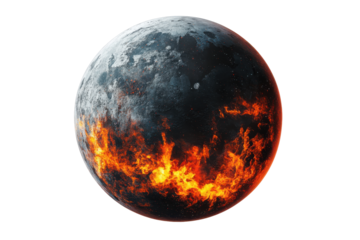 Fiery molten planet with glowing lava cracks isolated on transparent background. Planet with a fiery surface isolated on white background.