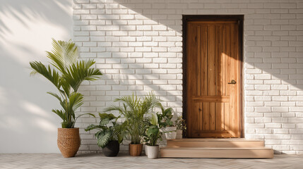 Exterior view of a wooden door with plants in pots against a white brick wall with sunlight shadows