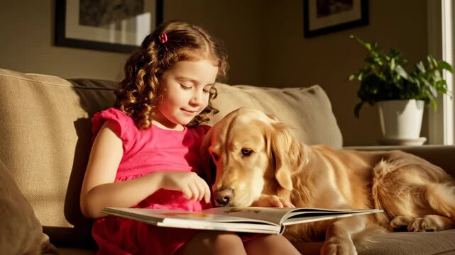 Dog child reading book together sofa afternoon indoor sunlight. canine kid perusing volume divan midday interior sunshine.