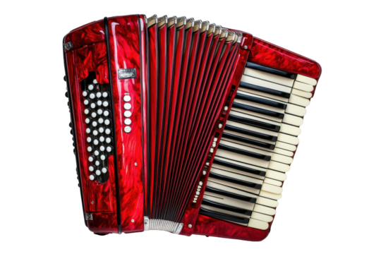 Close up of a red accordion keyboard isolated on transparent background. Red accordion with black and white keys isolated on white background. - Powered by Adobe