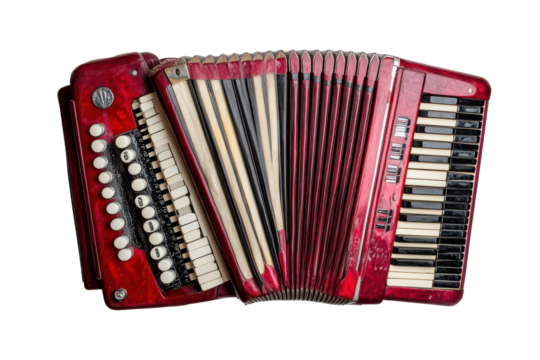 Close up of a red accordion keyboard isolated on transparent background. Red accordion with black and white keys isolated on white background.