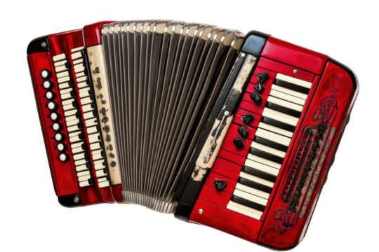 Close up of a red accordion keyboard isolated on transparent background. Red accordion with black and white keys isolated on white background.
