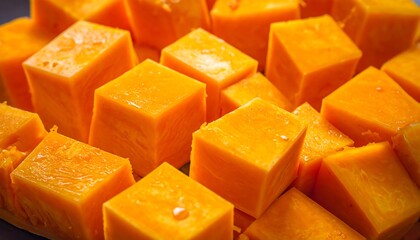 Close-up of a pile of uniformly cut, vibrant orange cubes, showing textured surfaces with variation in light and shadow