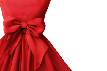 Elegant red satin ball gown with large bow isolated on transparent background. Red dress with a bow isolated on white background.