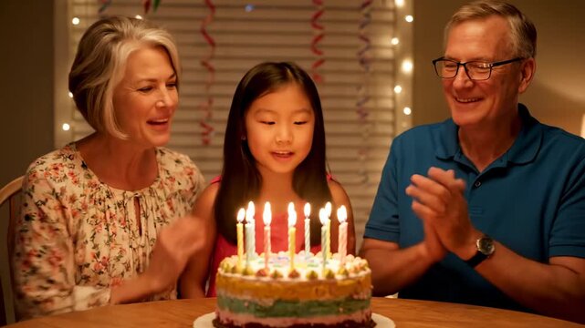 Family celebrating birthday grandparents cake candles warm laughter. kin enjoying natal day elders dessert flame cheerful chuckle.