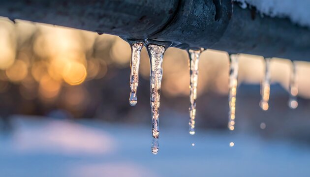 Close-up of icicles hanging from a metal pipe, sunset hues in background, with snowy surface underneath