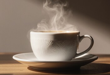 Coffee cup placed on a wooden table, illuminated by front lighting