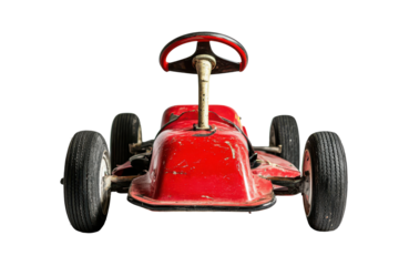 Vintage red toy race car steering wheel and front isolated on transparent background. Red go kart with a steering wheel isolated on white background.