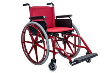 Red wheelchair with large wheels isolated on transparent background. Red wheelchair isolated on white background.