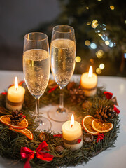 Champagne glasses and festive wreath with candles create a cozy Christmas atmosphere.