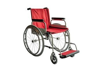 Fototapeta premium Red wheelchair with large wheels isolated on transparent background. Red wheelchair isolated on white background.
