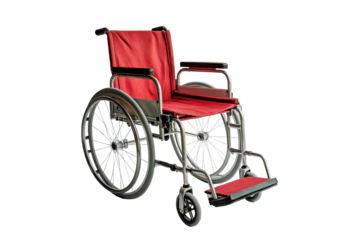 Red wheelchair with large wheels isolated on transparent background. Red wheelchair isolated on white background.