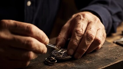 Grandfather repairing old watch close up hands nostalgic craftsmanship. senior mending timepiece finger remembrance artistry.