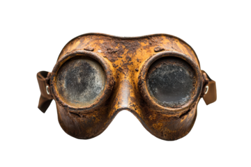 Vintage steampunk goggles with cracked lenses isolated on transparent background. Rusty metal mask with goggles isolated on white background.