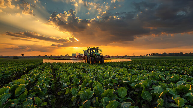 A modern tractor sprays crops in a lush green field at sunrise, with golden sunlight breaking through dramatic clouds.