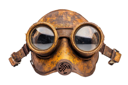 Vintage rusty steampunk aviator goggles isolated on transparent background. Rusty metal mask with goggles isolated on white background.