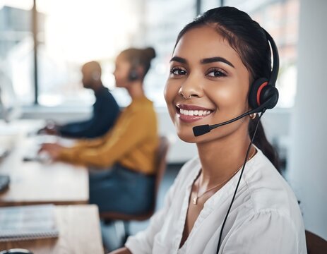 Smiling South Asian female customer service agent wearing a headset, looking at the camera in a modern, bright office with colleagues.