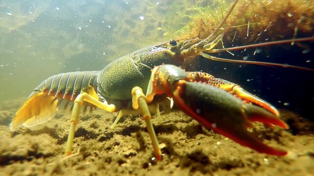 Freshwater crayfish underwater macro scene showing detailed crustacean anatomy, river ecosystem wildlife behavior, natural aquatic life habitat, scientific biology concept, environmental research, fre