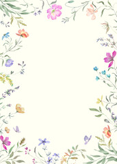 Watercolor floral frame featuring delicate wildflowers and meadow blossoms. Ideal for wedding invitations, greeting cards, packaging, posters,.  Hand-paintad illustration. Vector EPS.