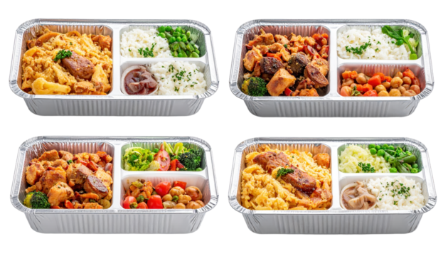 Four containers with various food items variety of food items stored in four separate containers showcasing diverse culinary options