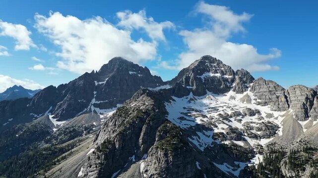 Mountain landscape drifting clouds cinematic aerial composition. alpine vista floating mist filmic skyview nature panorama scenic highland.