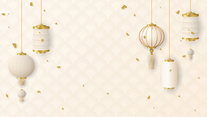 3d various paper lanterns asian style with golden confetti on beige background have. blank space.