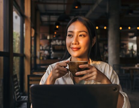 Happy and calm Asian woman holding a mug, looking away with a gentle smile while working or studying in a cozy, sunlit cafe.