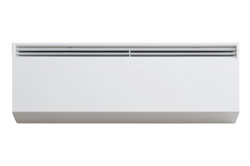 White air conditioner unit with horizontal vents isolated on transparent background. White rectangular conditioner isolated on white background.