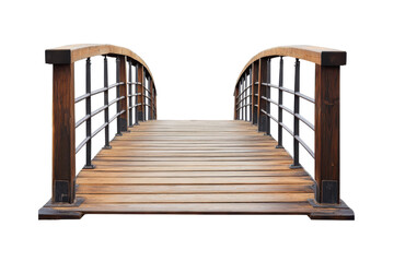 Wooden garden arch bridge isolated on transparent background. Wooden bridge with metal railings isolated on white background.