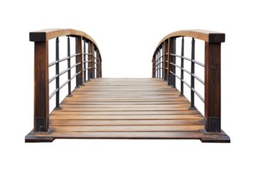 Wooden garden arch bridge isolated on transparent background. Wooden bridge with metal railings isolated on white background.