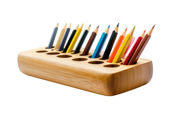 Fototapeta premium Wooden pencil holder with colored pencils isolated on transparent background. Wooden desk organizer with different colored pencils and pens isolated on white background.