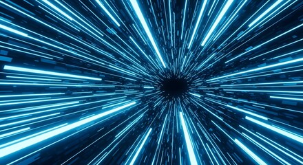 A vibrant blue futuristic hyper-speed light tunnel background illustrating digital data travel, technology communication, and abstract science fiction cosmic warp effects
