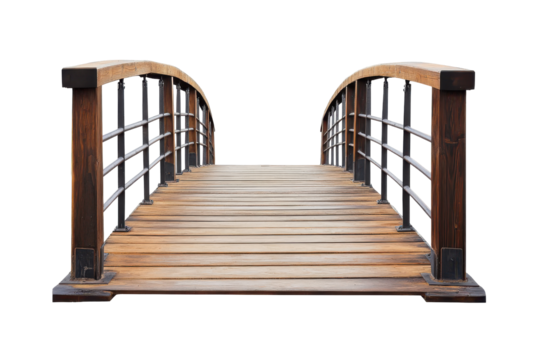 Wooden garden arch bridge isolated on transparent background. Wooden bridge with metal railings isolated on white background.