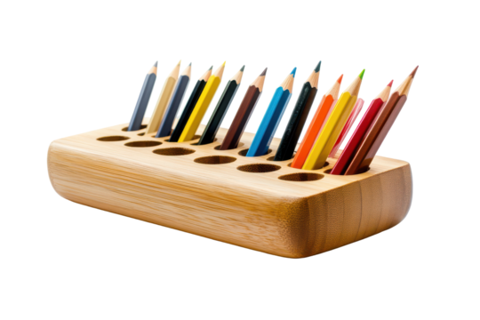 Wooden pencil holder with colored pencils isolated on transparent background. Wooden desk organizer with different colored pencils and pens isolated on white background.