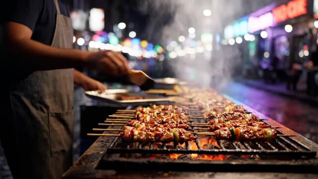 Street vendor grilling skewers night neon reflections smoky atmosphere. curbside cookout glowing illumination vaporous air evening.