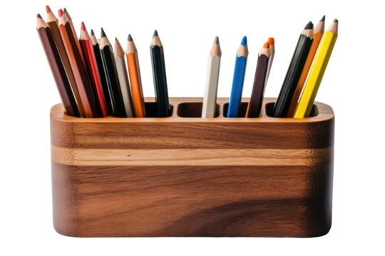 Wooden pencil holder with colored pencils isolated on transparent background. Wooden desk organizer with different colored pencils and pens isolated on white background.