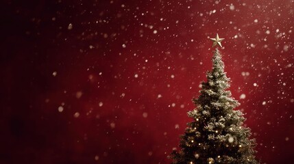 Festive christmas tree adorned with ornaments and a glowing star on a deep red background with falling snow