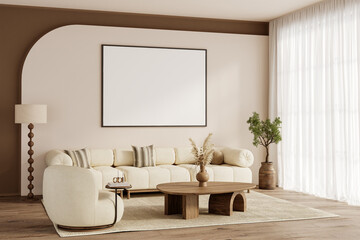 Scandinavian living room with blank poster frame mockup above modern sofa, wooden furniture and neutral decor under soft daylight