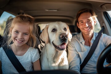 A family road trip with mom, dad, their daughter, and a Labrador all in the car heading for a weekend adventure