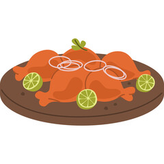 Delicious Whole Roasted Chicken Served with Lime Slices and Onion Rings on a Wooden Platter Isolated on White Background