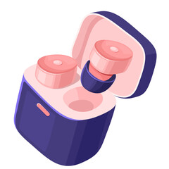 Digital illustration of wireless earbuds in a charging case with pink and purple colors and transparent background