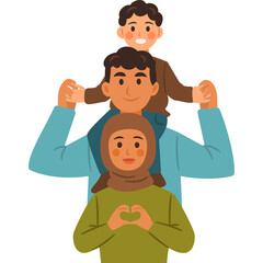 Diverse Family With Father Carrying Son On Shoulders And Mother Wearing Hijab Making Heart Gesture With Hands In Front Of Them With Transparent Background