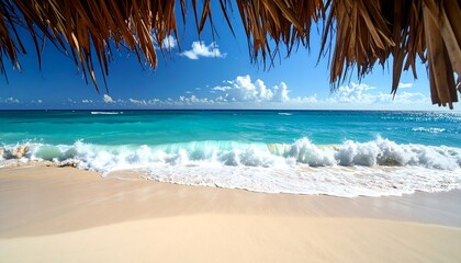 Ocean view through straw roof Waves, sand, blue water, clouds, and sunny skies
