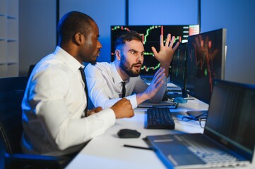 Stressed business mans crypto trader broker investors analyzing stock exchange market crypto trading