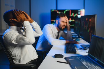 Stressed business mans crypto trader broker investors analyzing stock exchange market crypto trading