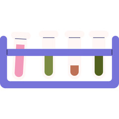 Four Laboratory Test Tubes With Colorful Liquids In A Purple Rack On A White Background, Representing Science And Research